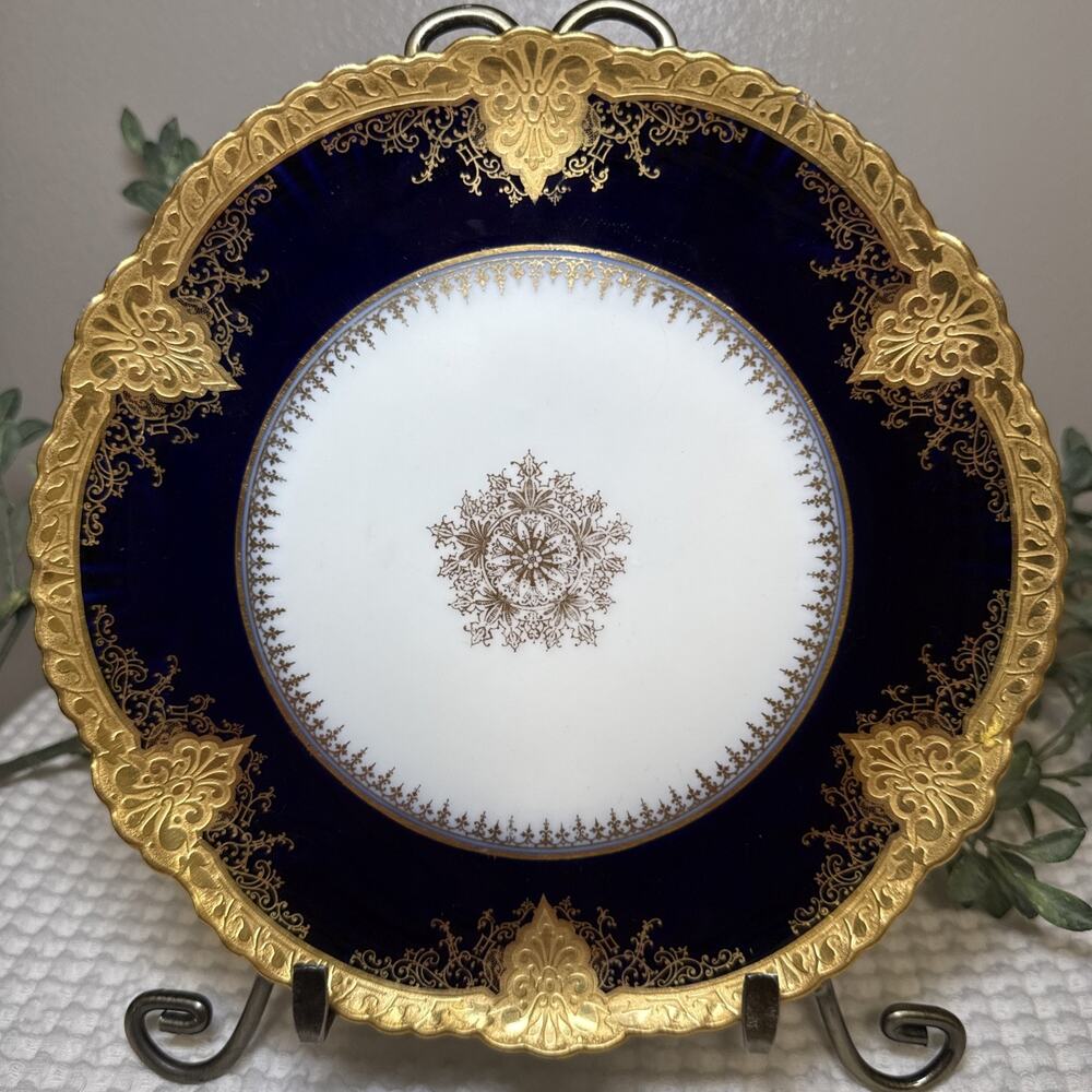Antique J Pouyat Limoges France Cobalt Blue Gold Gilt Cabinet Wall Plate 8.5”